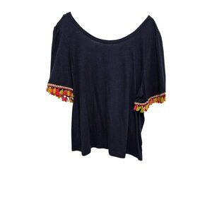 Navy Blue LOFT Beach Women's Top With Multicolor Tassel Sleeve Details Scoop Nec